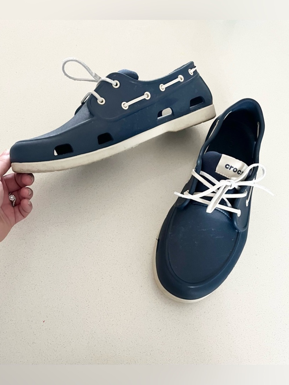 Crocs Men's White Laces Navy Classic Boat Shoes Size 12 - Picture 2 of 7